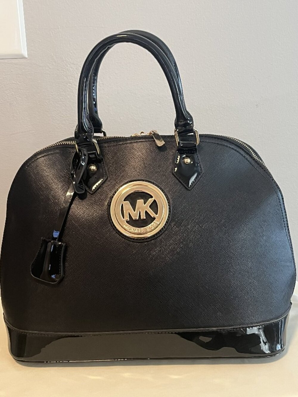Michael Kors Black Dome Satchel Handbag Gold MK Logo